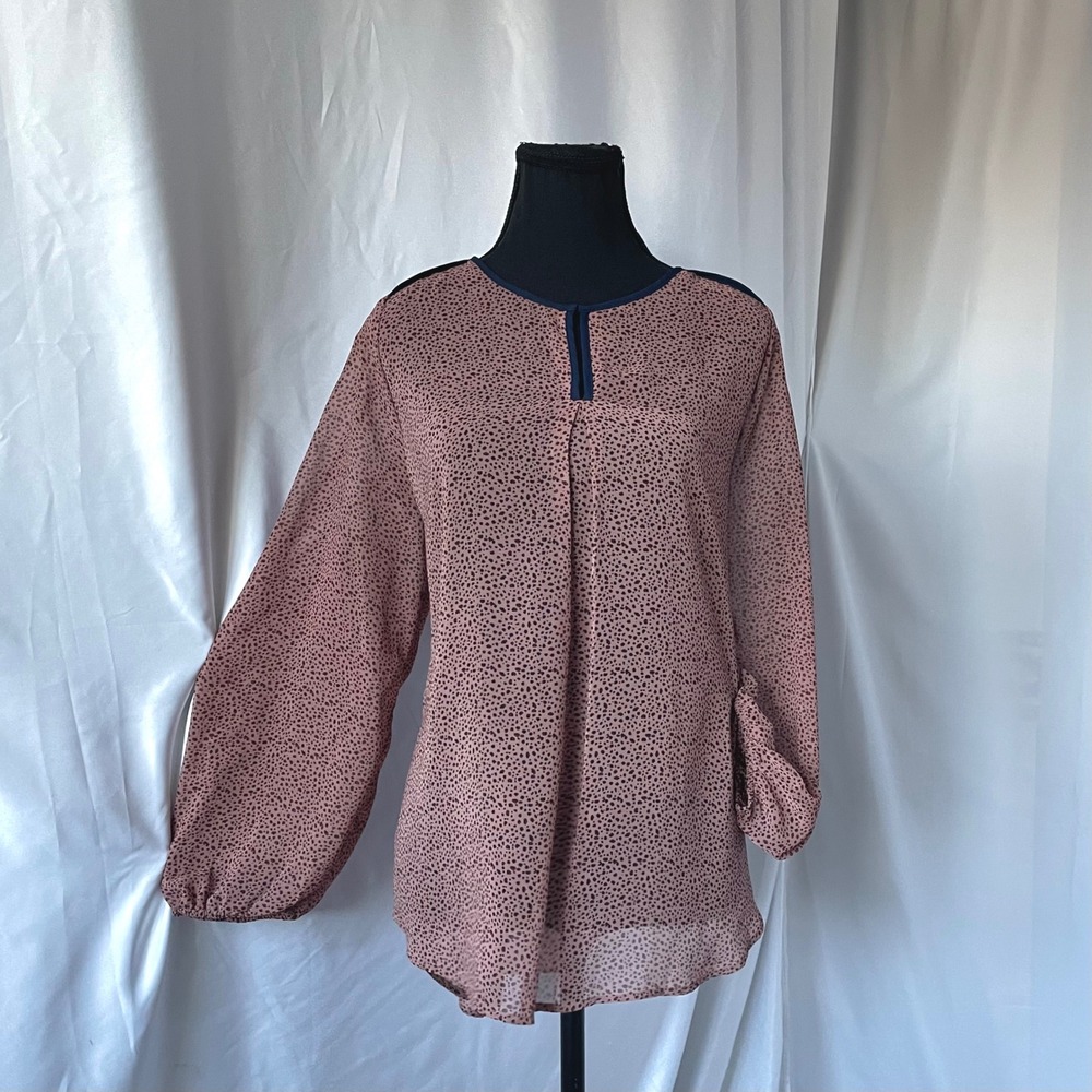 Pleione Blouse Women's Sz XL Blush Brown Animal Print Sheer Keyhole